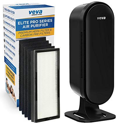 VEVA 8000 Elite Pro Series Air Purifier True HEPA Filter & 4 Premium Activated Carbon Pre Filters Removes Allergens, Smoke, Dust, Pet Dander & Odor Complete Tower Air Cleaner Home & Office, 325 Sq Ft.